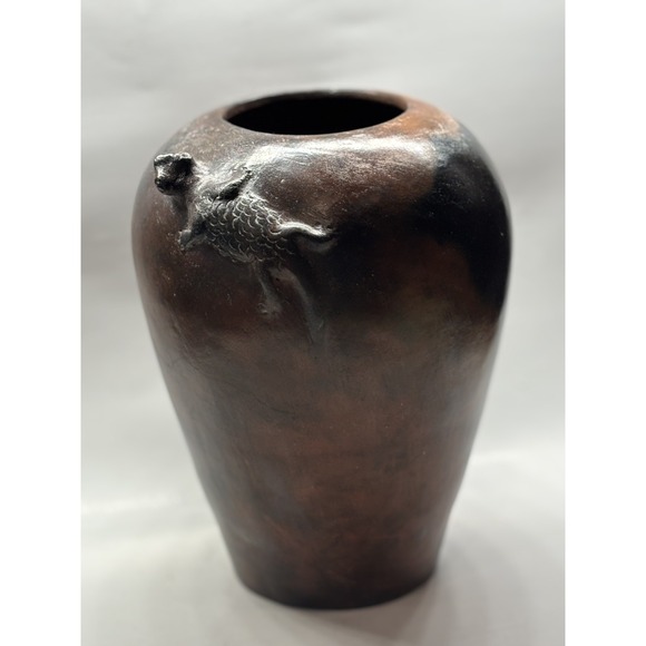 Vintage Studio Pottery Vase w/ LIZARD IGUANA Relief Sculpture ~Southwest